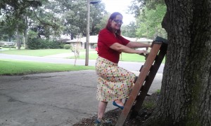 Trying to look like I'm not posing. Like I would actually try to climb into my son's tree house!